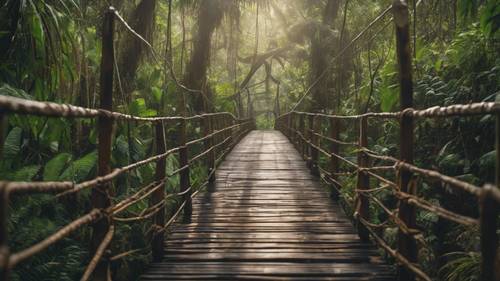 Uma passarela robusta que atravessa a densa vegetação rasteira da floresta tropical de Bornéu.