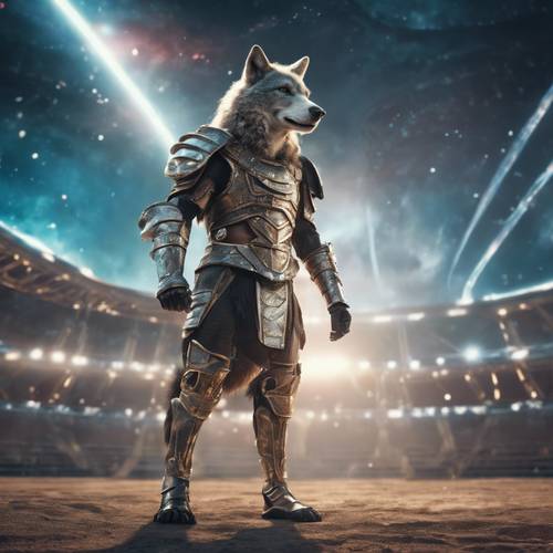 Wizja science-fiction przedstawiająca antropomorficznego wilka gladiatora ubranego w futurystyczną zbroję i trzymającego ostrze plazmowe, stojącego na arenie pod obcym niebem.
