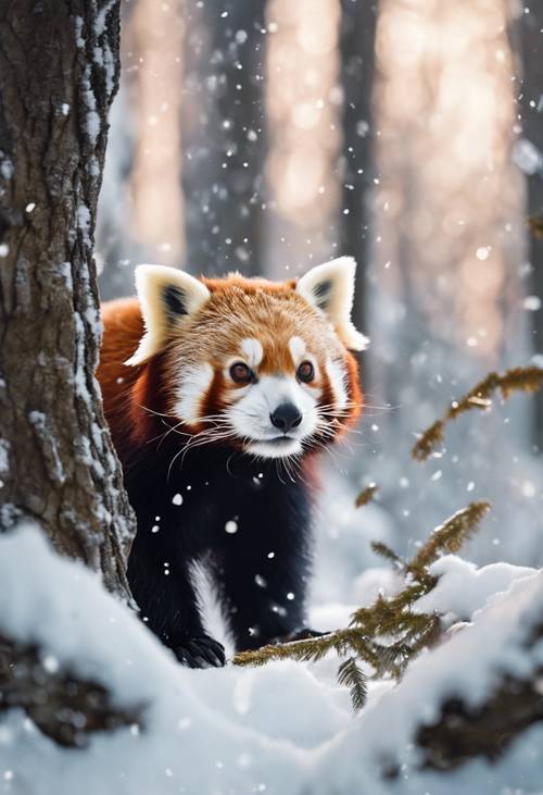 Ein wunderschöner verschneiter Wald, in dem süße Rote Pandas flink von Baum zu Baum springen.