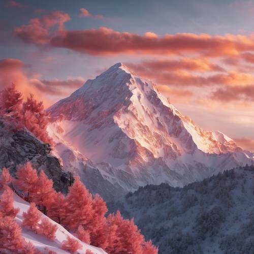 Pôr do sol deslumbrante sobre uma montanha com pico nevado, cores que imitam as da toranja