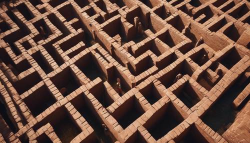 Eine Vogelperspektive eines Labyrinths aus braunen Backsteinmauern.