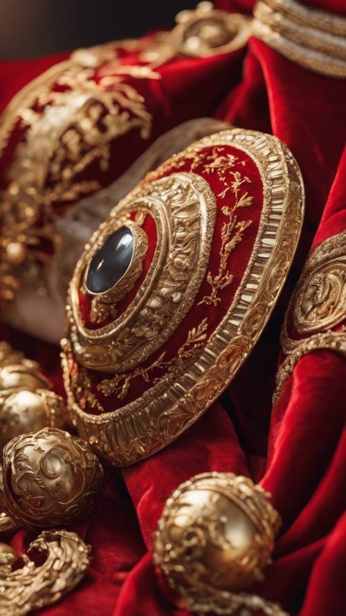Luxueux velours rouge et or, ressemblant à la tenue resplendissante d&#39;un ancien empereur romain.