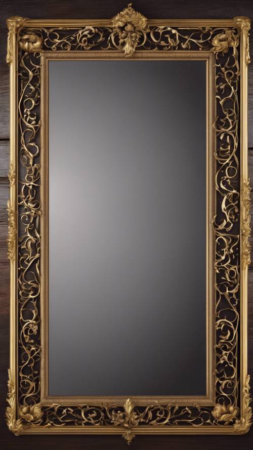 An antique mirror decorated with ornate gold filigree, hanging on a dark mahogany wall.