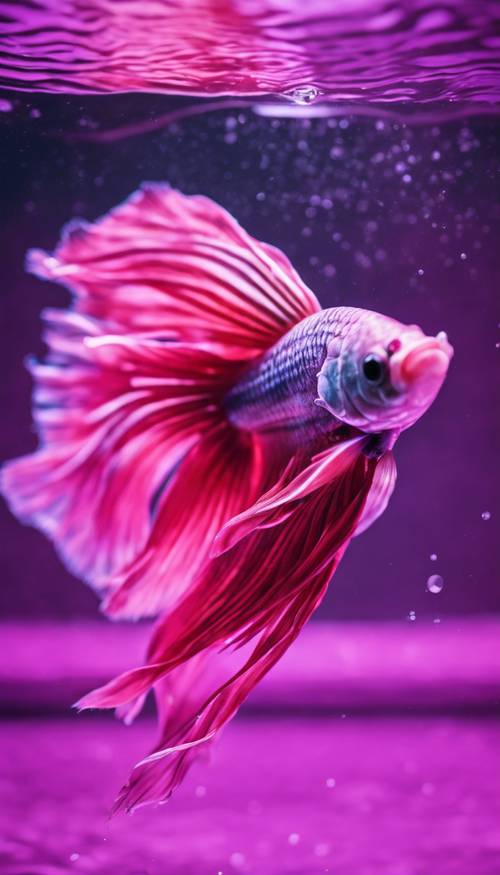 Seekor ikan aduan siam, dengan warna merah jambu dan ungu cerah, mengayunkan siripnya yang panjang dan mengalir di air.