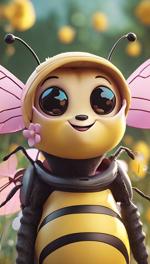 큰 눈, 붉어진 볼, 다정한 미소로 완성된 카와이 문화를 구현하는 만화 스타일의 꿀벌입니다.