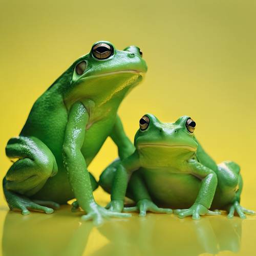 Trzy zielone żaby nakładające się na siebie na uproszczonym żółtym tle.