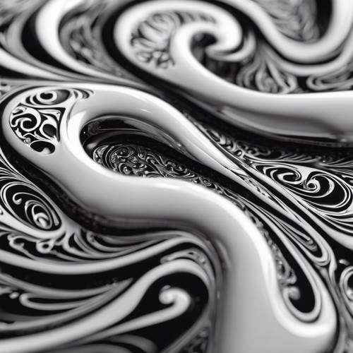 Gli intricati vortici di bianco e nero come potrebbero apparire su una superficie cromata lucida.