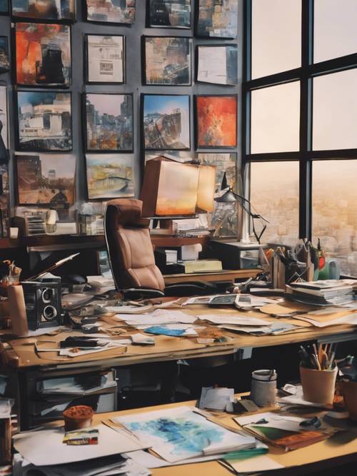 Uma pintura sarcástica que captura a mundanidade da vida no escritório através de imagens exageradas.