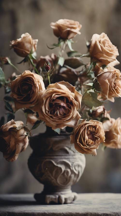 A cluster of brown roses blooming in an old stone vase.