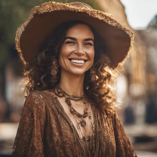 A beautiful dame wearing a brown bohemian dress, her face radiant with a million-dollar smile.