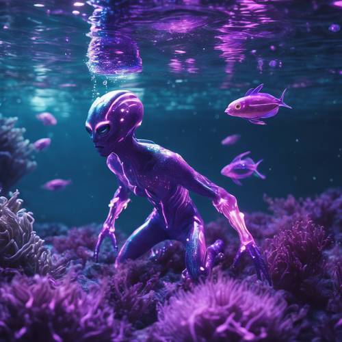 Um alienígena roxo neon subaquático nadando com criaturas marinhas bioluminescentes