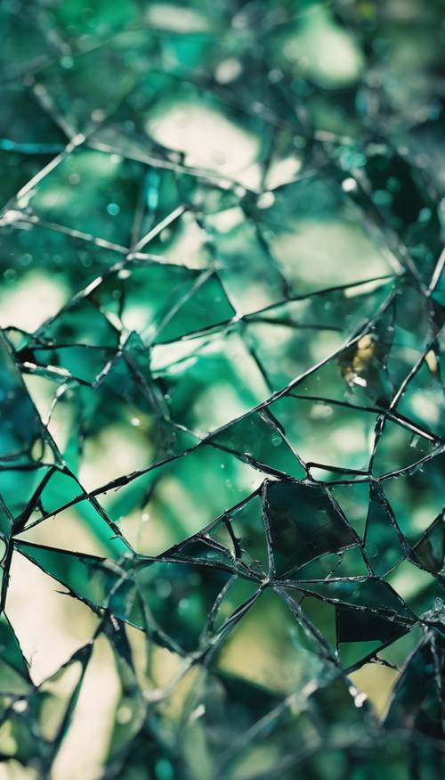 Un écran brisé abstrait dans des tons de verts et de bleus profonds.