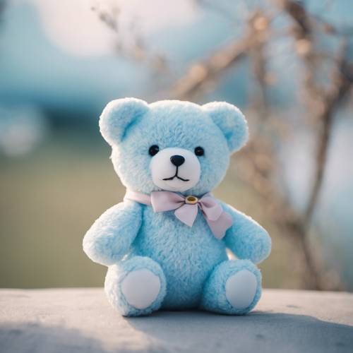 一只卡哇伊风格的毛绒泰迪熊，采用淡蓝色的配色方案。