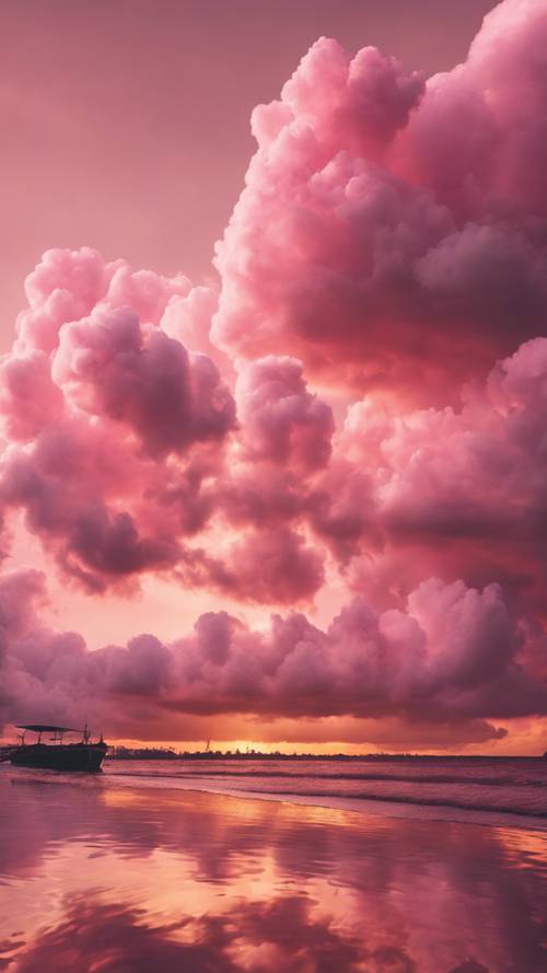 Nuvens cor-de-rosa semelhantes a algodão doce adornando o céu do pôr do sol.