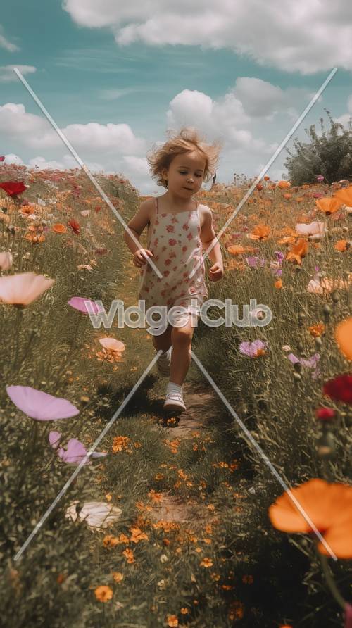 ילדה קטנה רצה בשדה פרחים