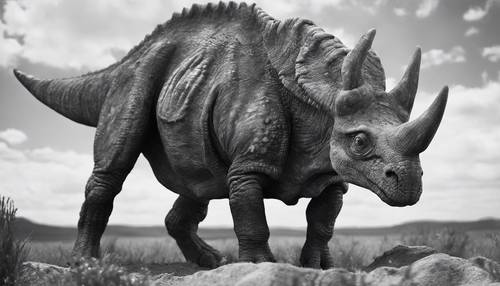 Un triceratops en un entorno diurno, representado en tonos blancos y negros, pastando pacíficamente en un paisaje prehistórico.