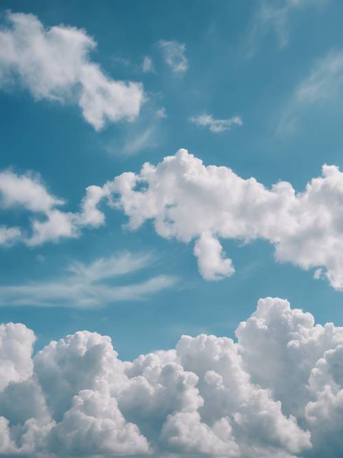 Um céu azul calmo salpicado de nuvens bonitas e bem torneadas, com uma frase de afirmação escrita nas formações de nuvens.