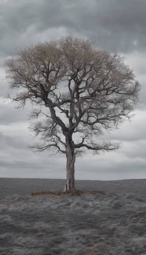 A solitary tree standing in the middle of a gray, desolate plain. Tapet [1ef9a30ef48949729a40]