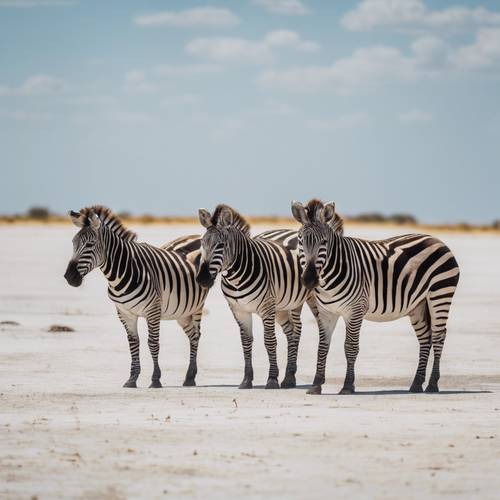 A herd of zebra against the dazzling expanse of the Makgadikgadi Salt Pans. Tapet [45cdab7a121d4167ba9e]