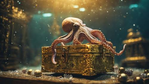 Любопытный осьминог приближается к затонувшему сундуку с сокровищами, сверкающему золотом и драгоценностями.