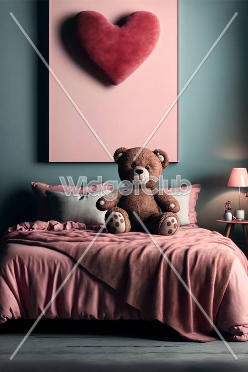 子供部屋にピンク色のアクセントとテディベアが可愛い壁紙