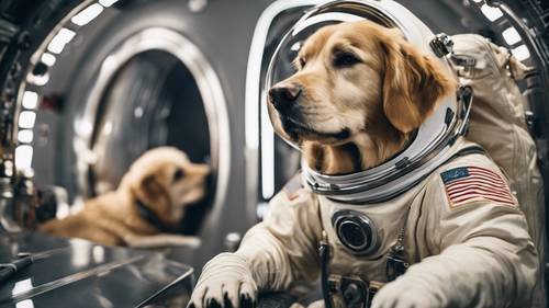 An astronaut dog—a Golden Retriever—wearing a spacesuit, floating inside a spaceship. Tapet [905dbb43b2414343b01e]