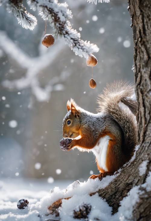 Um esquilo curioso interagindo com uma noz gelada sob uma árvore coberta de neve.