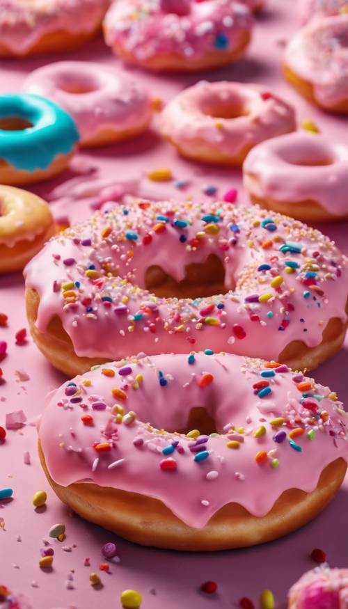 粉紅色的磨砂甜甜圈，上面撒滿了五顏六色的糖果。
