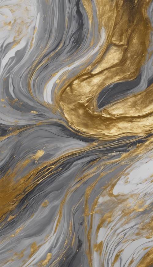 Una lujosa pintura al óleo abstracta dorada y gris con intensas vetas y remolinos.