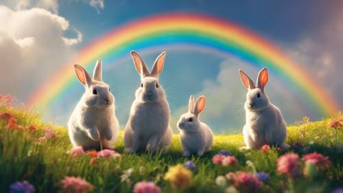 A family of bunnies looking up at a vibrant double rainbow in a blossoming spring meadow.