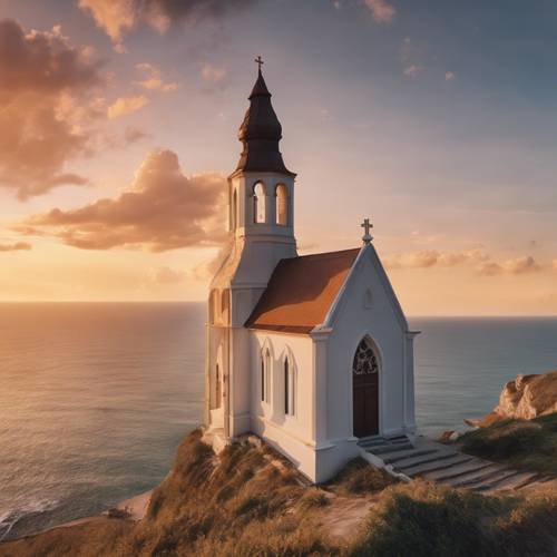 Una iglesia junto al mar sobre un acantilado, con la puesta de sol de fondo
