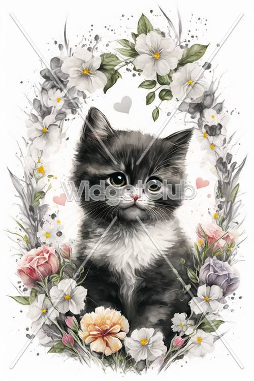 Cute Kitten with Flowers and Hearts