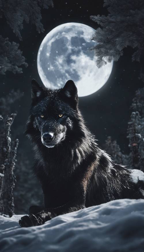 Um lobo preto profundo com manchas brancas, perseguindo sua presa sob a cobertura de uma noite enluarada.