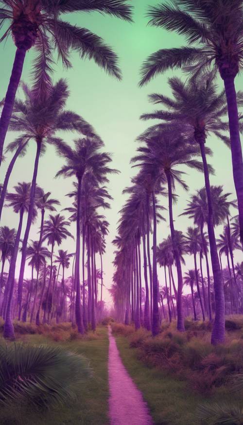 Un campo de palmeras únicas y majestuosas con una encantadora y cautivadora transición de tonalidades del verde normal al violeta inusual.