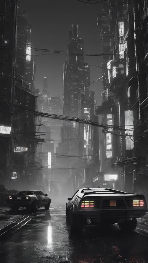 Uma cidade cyberpunk desolada em preto e branco durante uma noite nublada.