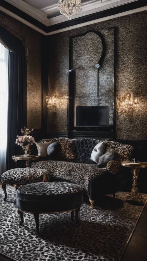 Sebuah ruangan besar dengan perabotan bergaya Victoria, dindingnya dilapisi wallpaper bermotif cheetah hitam.