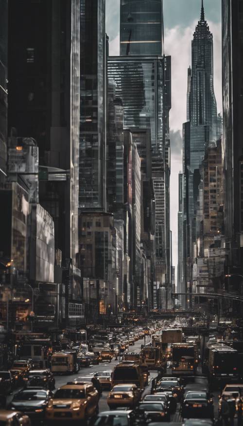 Eine Noir-Darstellung der geschäftigen Skyline einer Stadt mit geschäftigem Verkehr und hohen Wolkenkratzern.