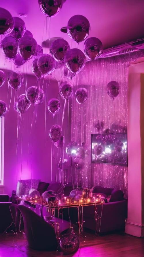 A Y2K party in an apartment decorated with purple neon lights, reflective silver balloons and disco balls.