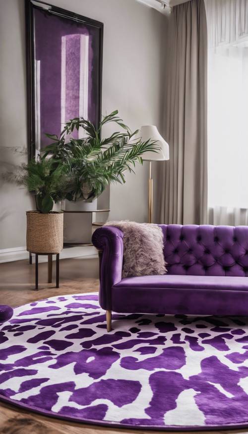 Ruang tamu yang didekorasi dengan penuh cita rasa dengan karpet bermotif sapi ungu sebagai pusatnya.