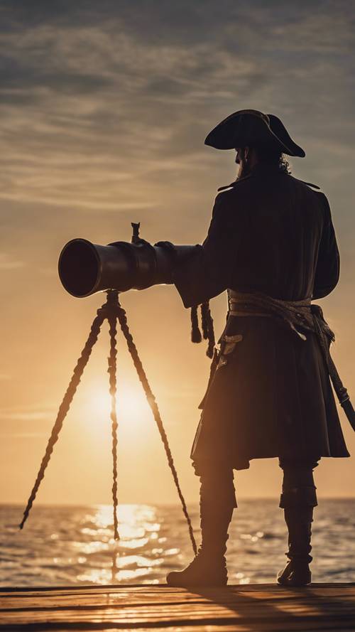 Die Silhouette eines Piratenkapitäns, der durch ein Fernglas den Sonnenaufgang betrachtet.