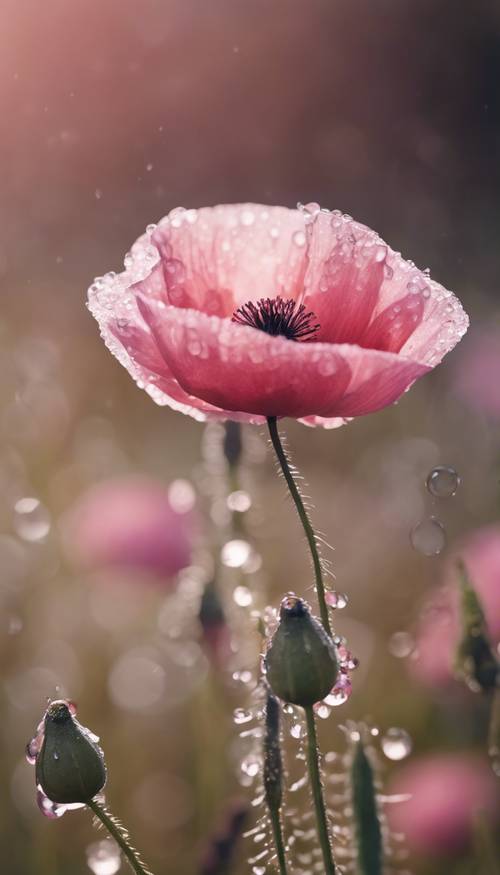 一朵粉色罂粟花的特写，花瓣上沾满露珠。