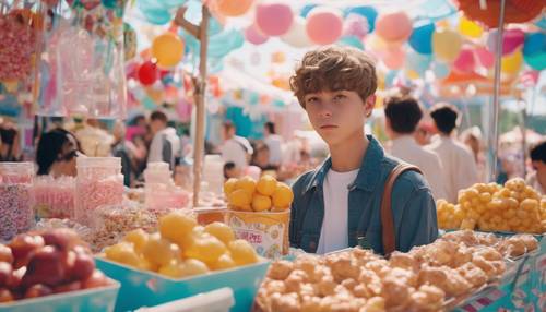 Um adolescente vestido em estilo formal, cercado por comida estilo kawaii em uma feira