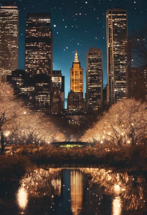 Uma cena noturna vibrante de um parque central da cidade envolto em luzes de fadas e cercado por arranha-céus imponentes.