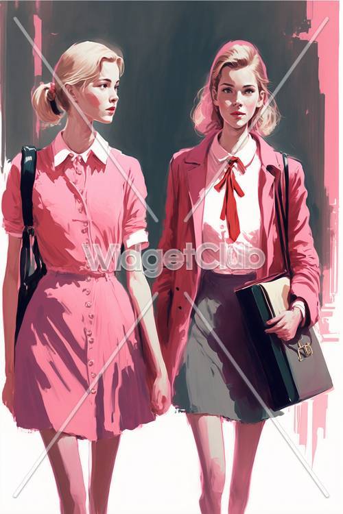 Stilvolle Damen in rosa und grauen Outfits