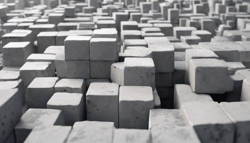 A balanced composition of gray concrete cubes of different sizes stacked against a white background. Tapeta [a813887e4bba4bfcb53d]