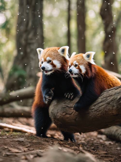 A dreamy scenery of a pair of red pandas playfully chasing each other around Tree trunks.