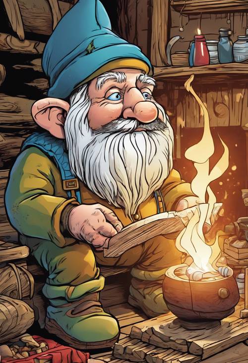 A focused cartoon gnome meticulously crafting a wooden toy by the light of a cosy fire. Tapet [47d94c1f77c441edb178]