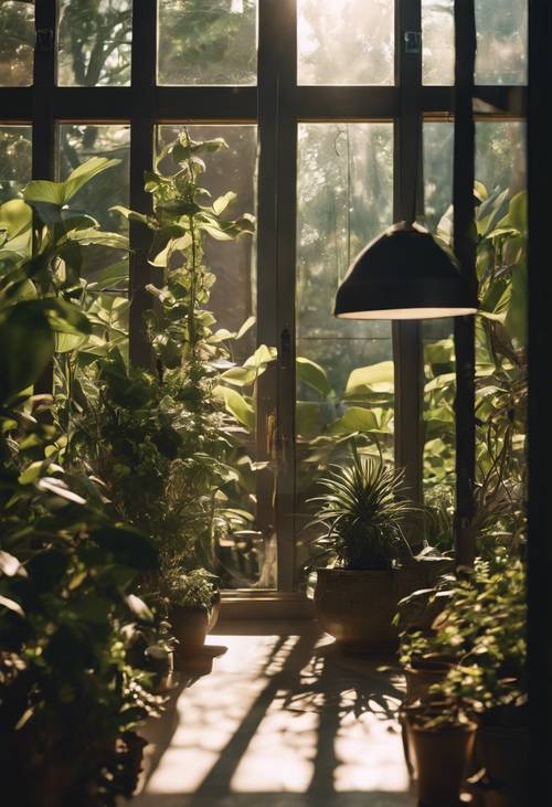 Un moderno giardino botanico al coperto che gode della calda luce del sole pomeridiano, creando un rilassante contrasto di luci e ombre.