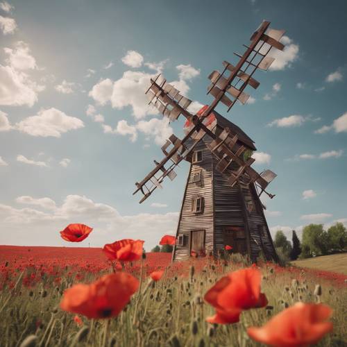 A charming, rustic wooden windmill in a field dotted with vibrant red poppies under a sunny, cloudless sky.