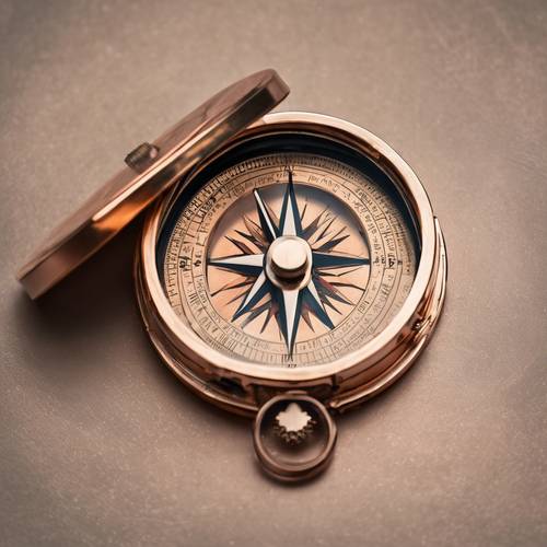 Ein antiker Kompass mit einer Abdeckung aus Roségoldmetall, die teilweise geöffnet ist und den Blick auf das Zifferblatt im Inneren freigibt.